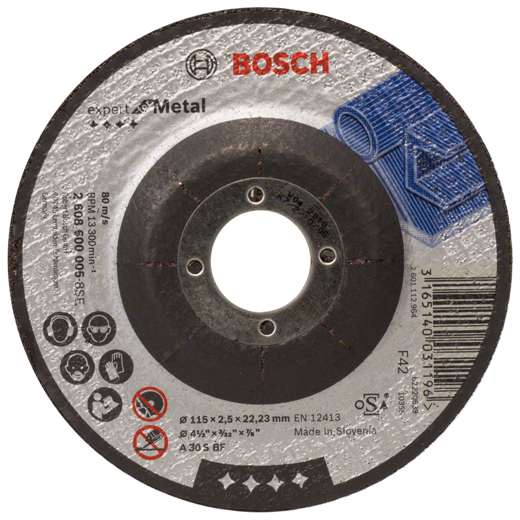2608600005-000_01 Vista frontal del disco de corte Bosch PRO Metal de 115 x 2,5 mm con sus especificaciones impresas.