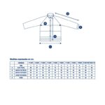 Espliegue dimensional con tabla de medidas por talle para camperas de descarne.