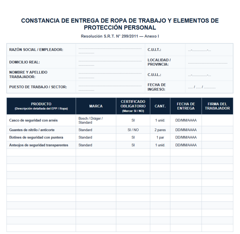 Imagen de planilla de entrega de EPP de las empresas a modo ejemplo.