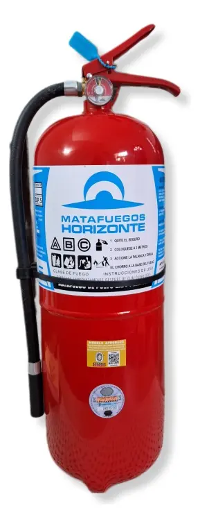 Matafuego manual de polvo químico seco ABC de 10 kg marca Horizonte color rojo con manómetro y manguera de descarga.