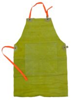 Delantal de cuero descarne amarillo De Pascale 61122 con refuerzo frontal plomado y tiras anaranjadas.