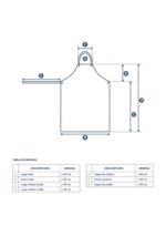 Diagrama con tabla de medidas e indicaciones del delantal de cuero descarne.