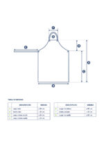 Esquema técnico con dimensiones y tabla de cotas del delantal de cuero descarne.