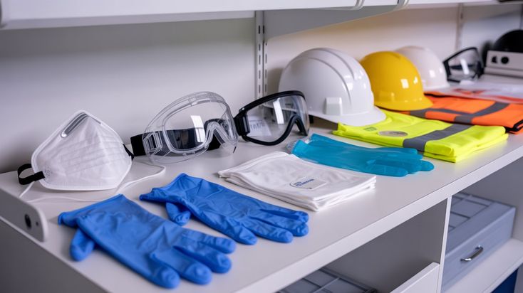 Un estante blanco de almacén exhibiendo diversos equipos de protección personal listos para usar.