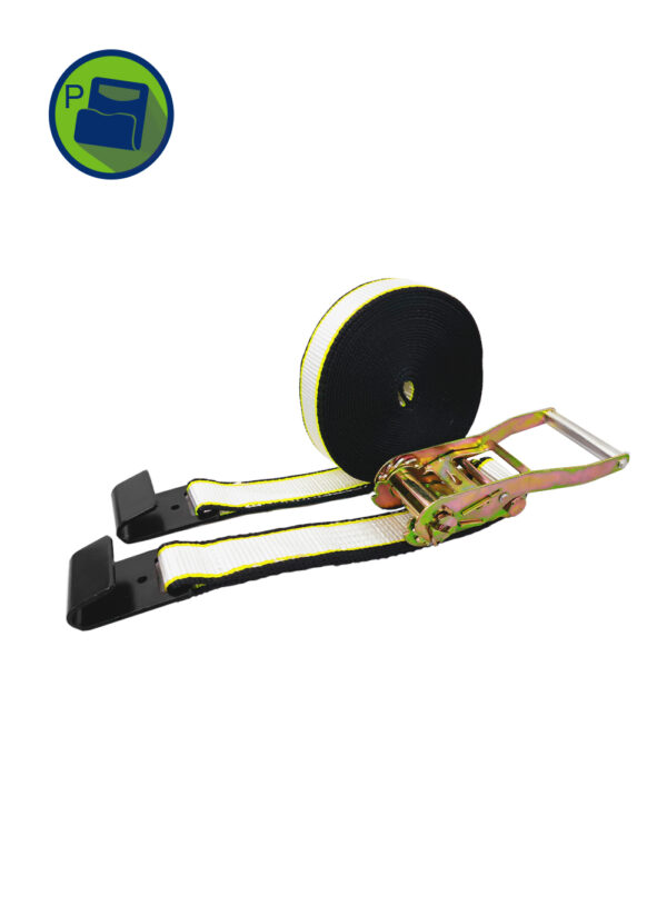 EQUIPO CRIQUET TENSOR 50mm DE ANCHO GANCHO P – 9m CMR 5000 Kg Vista del equipo crique tensor De Pascale DPT050309P enrollado con cinta amarilla de 50 mm y ganchos planos tipo P.