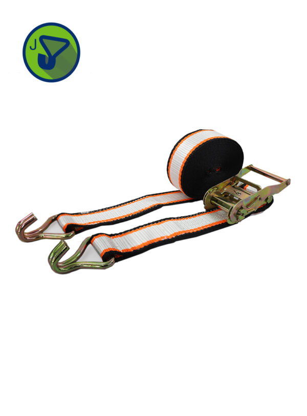 EQUIPO CRIQUET TENSOR LIVIANO 50mm DE ANCHO GANCHO J – 9m CMR 3000Kg Vista del equipo crique tensor liviano De Pascale DPT050309JL enrollado con cinta naranja de 50 mm y ganchos dobles tipo J.