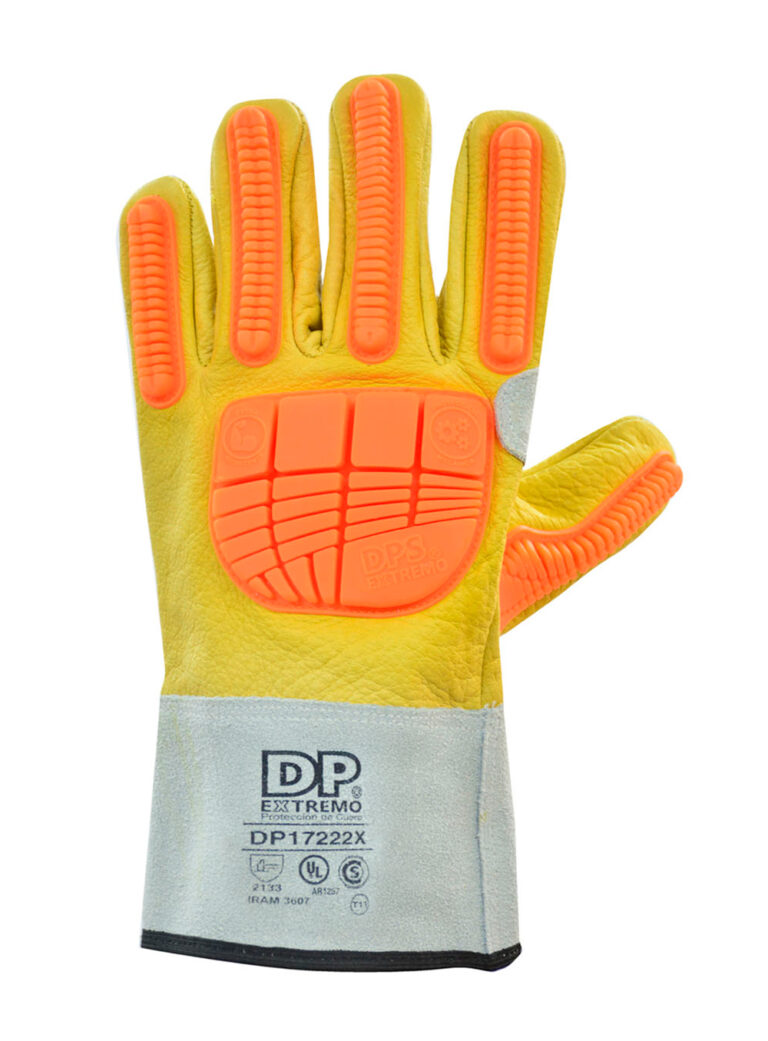 Guante Americano Vaqueta Amarilla Interior Anticorte Puño Corto Refuerzo Cadenero Vista frontal del guante vaqueta DP DP17222X amarillo con refuerzos TPR naranja en dorso y puño corto gris.