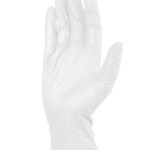 Vista frontal del guante descartable sintético blanco DP DPS72022 en posición extendida.