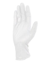 Vista frontal del guante descartable sintético blanco DP DPS72022 en posición extendida.