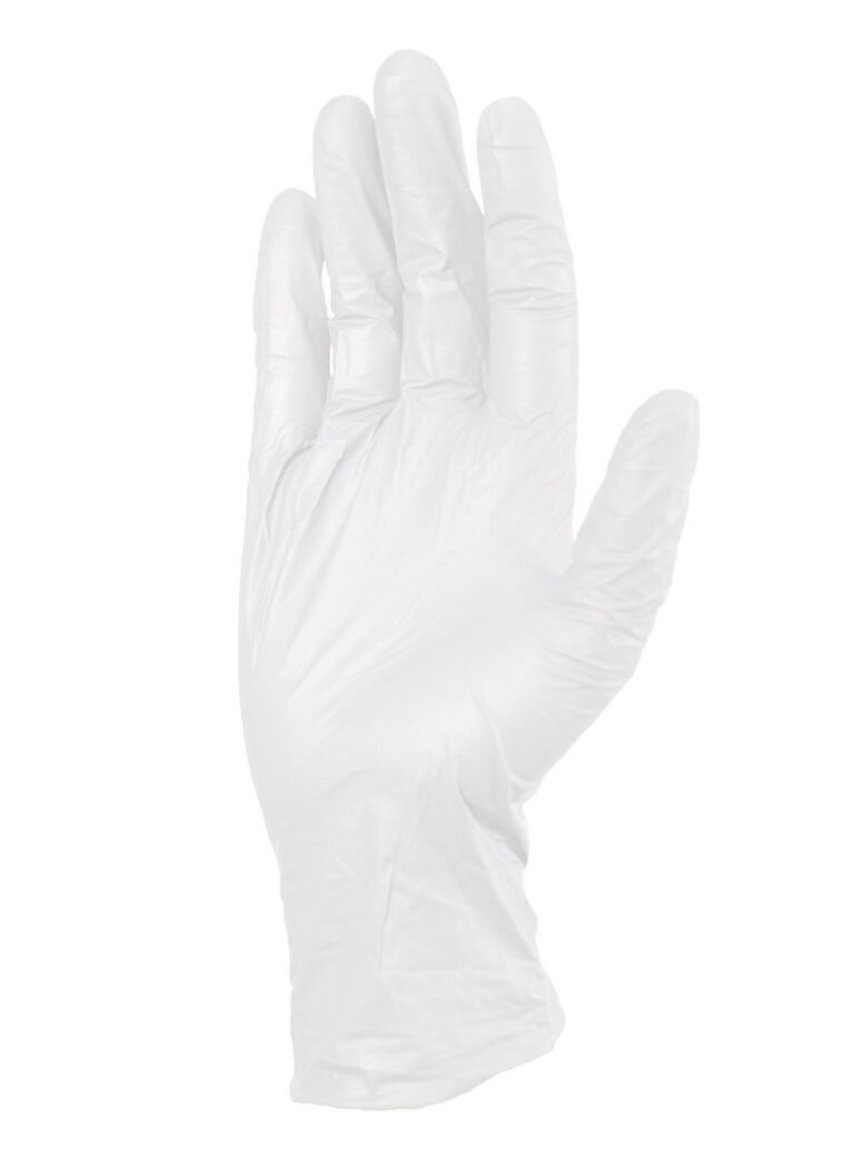 Guante Látex Descartable Sintético Blanco DP Vista frontal del guante descartable sintético blanco DP DPS72022 en posición extendida.