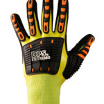 Vista del dorso del guante anticorte DP DPS87925X verde fluo con refuerzos TPR negros y naranjas y marca DPS Extremo.