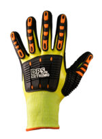 Vista del dorso del guante anticorte DP DPS87925X verde fluo con refuerzos TPR negros y naranjas y marca DPS Extremo.