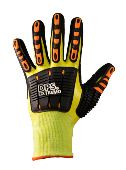 Vista del dorso del guante anticorte DP DPS87925X verde fluo con refuerzos TPR negros y naranjas y marca DPS Extremo.
