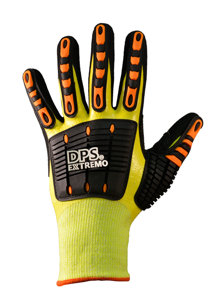 Guante Tejido Sin Costura Anticorte G13 Doble Baño Nitrilo, Refuerzo TPR Antigolpe DP Vista del dorso del guante anticorte DP DPS87925X verde fluo con refuerzos TPR negros y naranjas y marca DPS Extremo.