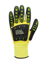 Vista del dorso del guante anti impacto DP DPS87485X verde fluo con protecciones TPR negras y logo DPS Extremo.