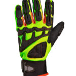 Vista del dorso del guante anti impacto DP DPS83685X en color verde fluo con protecciones de TPR negras.