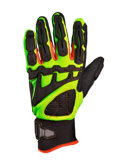 Vista del dorso del guante anti impacto DP DPS83685X en color verde fluo con protecciones de TPR negras.
