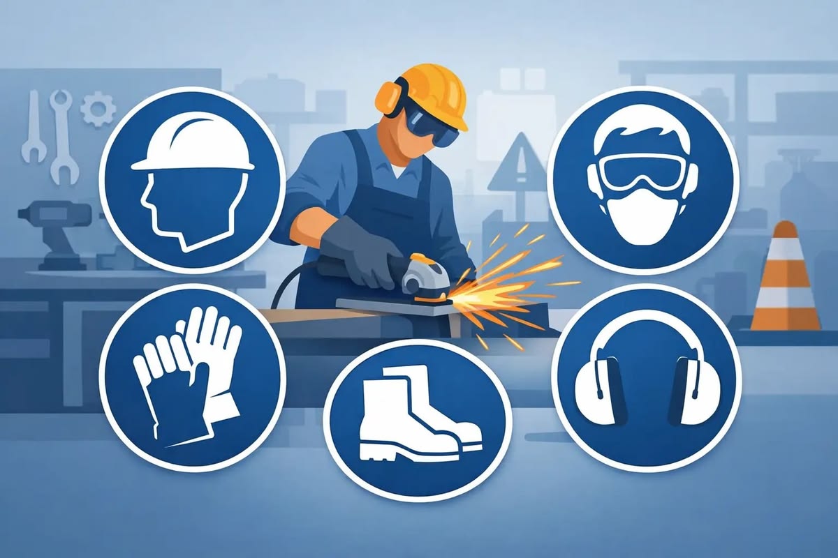 Una ilustración plana de un taller industrial con un operario en el centro usando una amoladora, generando chispas. Alrededor del operario, hay cinco iconos circulares azules con bordes blancos que muestran señales de obligación de EPP: casco, gafas protectoras con mascarilla facial, guantes de seguridad, botas de seguridad de media caña y protectores auditivos.