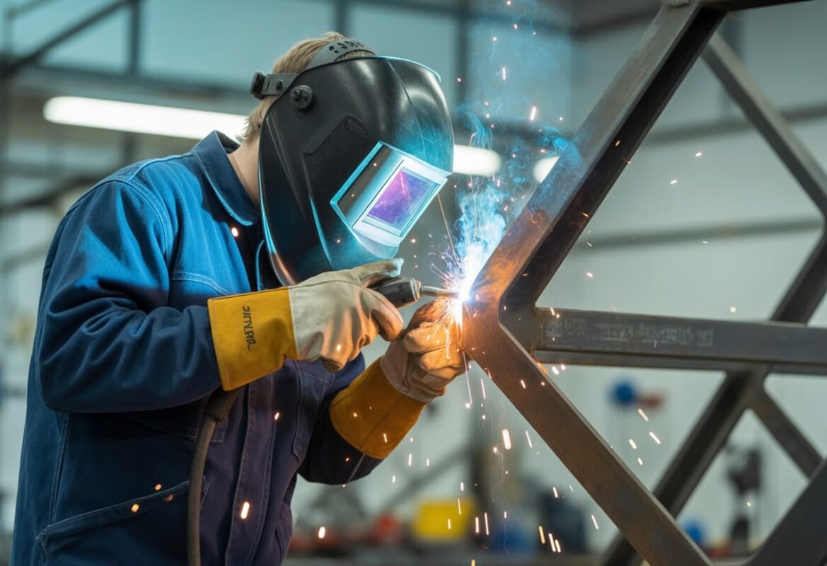 Primer plano de un soldador con una máscara de soldar automática negra y un visor digital transparente, guantes de soldar de cuero amarillo y azul, y una chaqueta de trabajo azul.