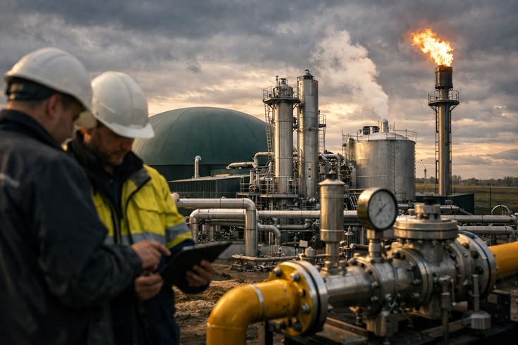 Dos ingenieros industriales con cascos de seguridad blancos de pie en primer plano en una gran planta de energía o refinería química al atardecer.