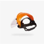Soporte para protector facial naranja con arnés estándar negro Libus 902438 y visor transparente montado.
