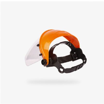 Soporte para protector facial naranja con arnés estándar negro Libus 902438 y visor transparente montado.