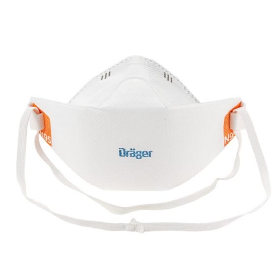 Mascarilla o respirador autofiltrante descartable Dräger N95 de color blanco con el logo impreso en la parte frontal y bandas elásticas de ajuste.