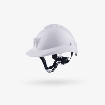 Casco de seguridad Libus Milenium Class blanco con mentonera de 15 mm colocada.