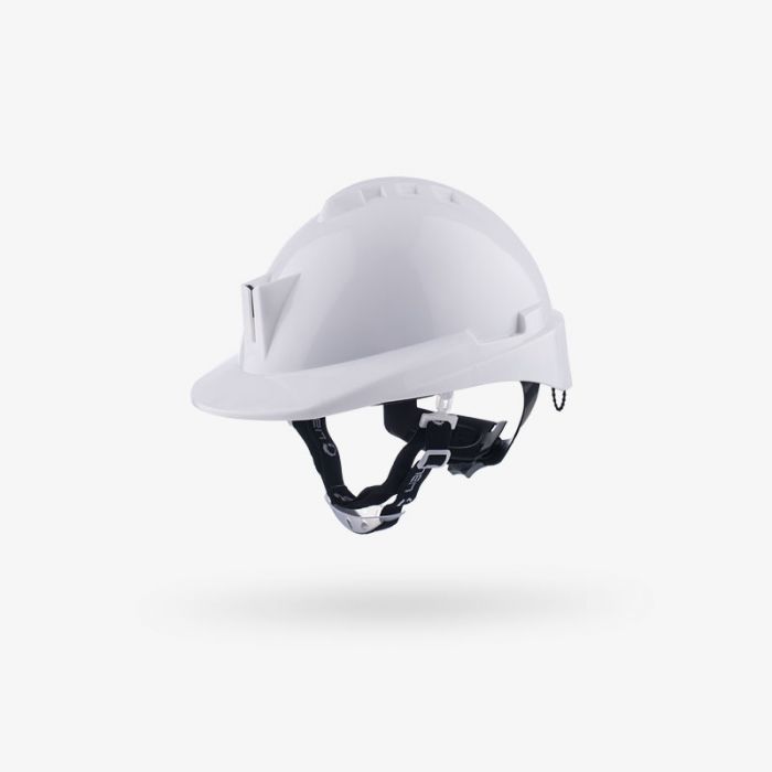 casco-seguridad-milenium-class-slot-blanco-mentonera-barboquejo-01 Casco de seguridad Libus Milenium Class blanco con mentonera de 15 mm colocada.