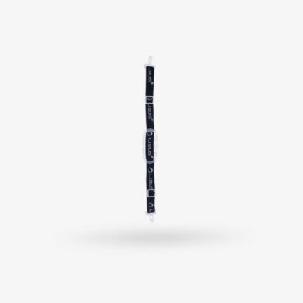 Mentonera Libus de 15 mm extendida con cinta elástica negra con isotipo, mentón de silicona/plástico y ganchos C.