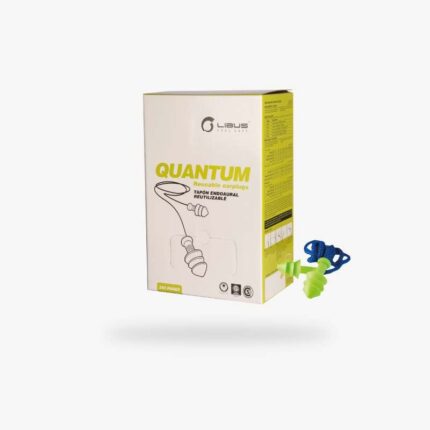 Caja dispensadora de tapones auditivos reutilizables Libus Quantum x 250 pares junto al producto.